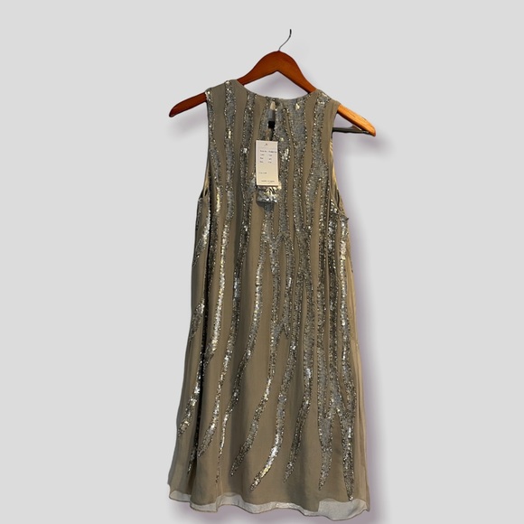 NWT PARKER Beaded Sequin Crew Neck Mini Shift Dress Tan Size M 100% Silk - Picture 5 of 13